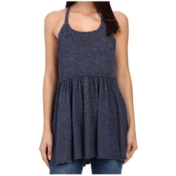 Free People Mountain View Crochet Knit Babydoll Sweater Tank Tunic Dress Navy L - Picture 2 of 7